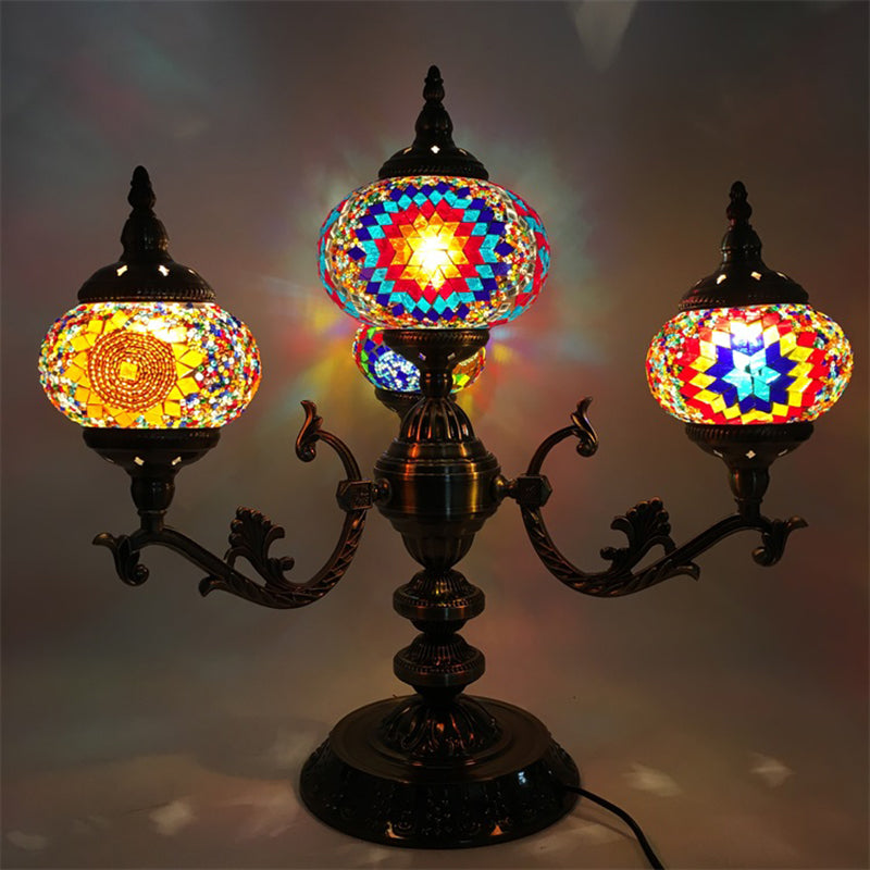 Bohemia Oval Stained Glass Nightstand Light - 4 Bulbs Red/Yellow/Orange Bedroom Lighting