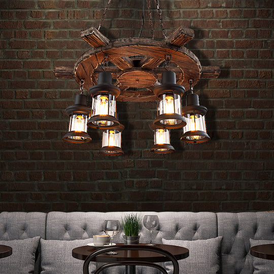 Coastal Metal Lantern Restaurant Chandelier - 6-Light Black Pendant Lamp with Wooden Rudder Decoration
