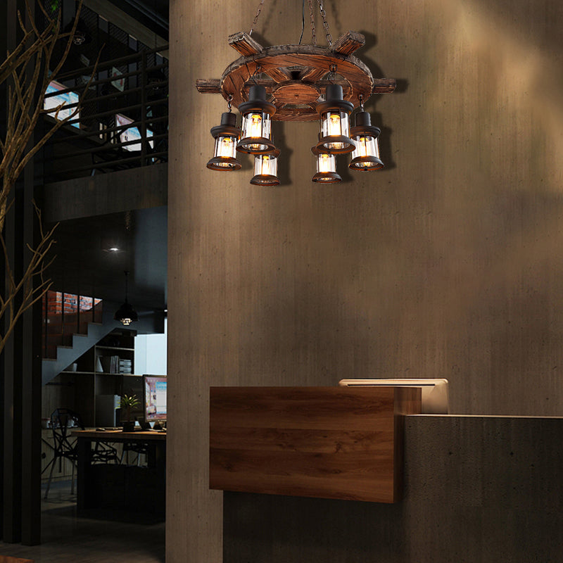 Coastal Metal Lantern Restaurant Chandelier - 6-Light Black Pendant Lamp with Wooden Rudder Decoration