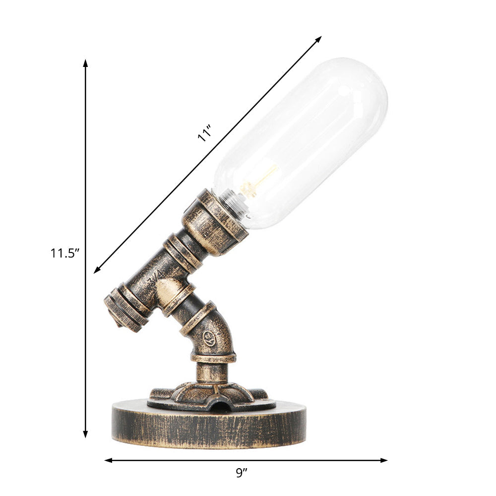 Industrial Amber/Clear Glass Led Night Light With Metal Base - Capsule Bedroom Table Lamp