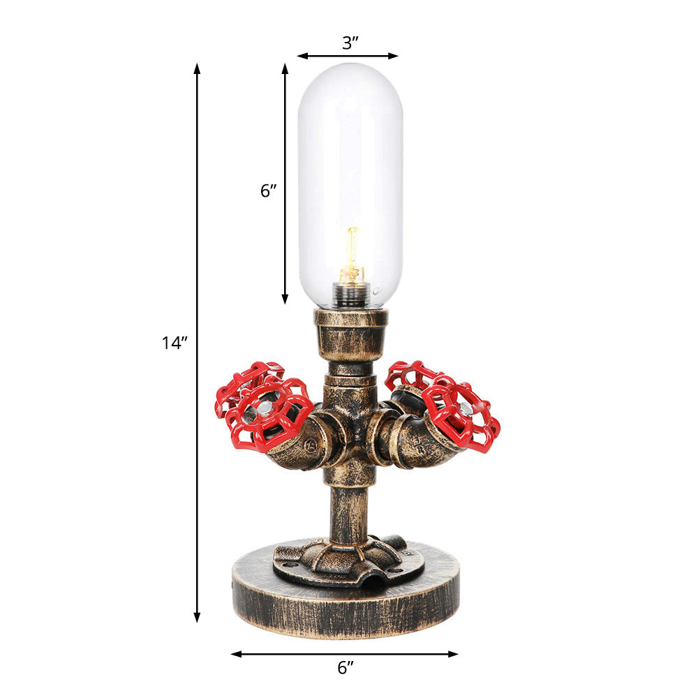 Industrial Brass Table Light With Pipe Metal Base - Clear/Amber Glass Nightstand Lamp For Teahouse
