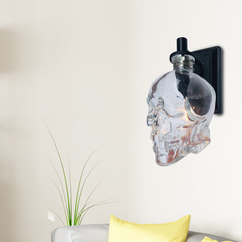 Vintage Black Skull Shaped Sconce: Clear Glass Wall Mounted Living Room Lamp