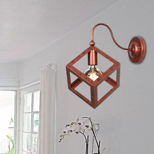 Vintage Metal Wall Sconce With Gooseneck Arm & Black/Rust Finish - Cube Cage Bedroom Lighting Rust
