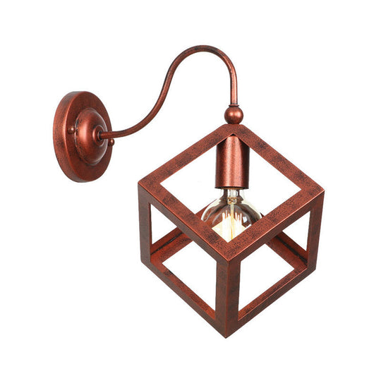 Vintage Metal Wall Sconce With Gooseneck Arm & Black/Rust Finish - Cube Cage Bedroom Lighting