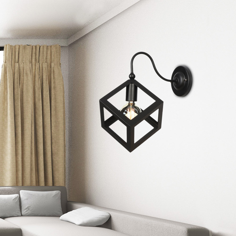 Vintage Metal Wall Sconce With Gooseneck Arm & Black/Rust Finish - Cube Cage Bedroom Lighting Black
