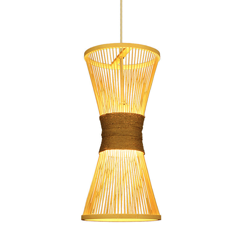 Asian Style Bamboo Hourglass Hanging Lamp - Single Bulb Beige Pendant Light