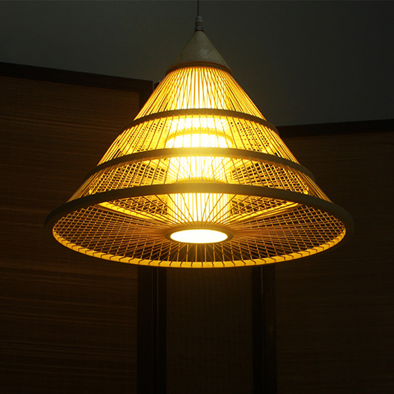 Beige Asian Style Pendant Light With Bamboo Shade - Single Head Ceiling Fixture For Wide Flare