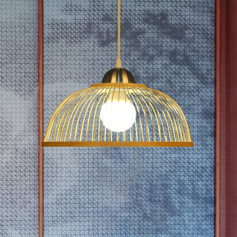 Asian Style Bamboo Dome Pendant Light For Tearoom - Single Bulb Beige