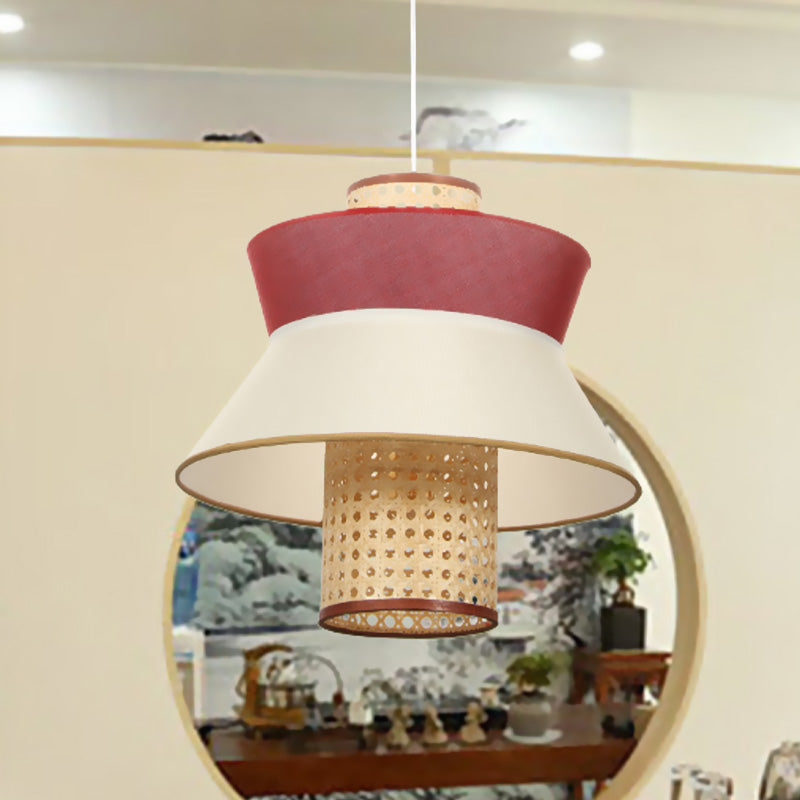 Pink Flared Rattan Hanging Ceiling Lamp - Asian Inspired Single Bulb Suspension Light Kit For Dining