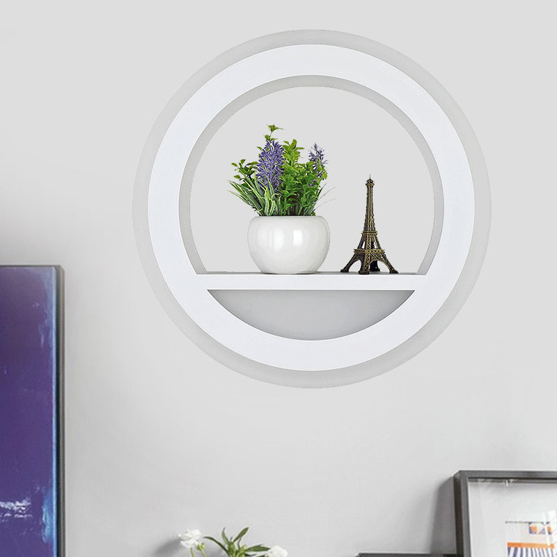 Nordic White Led Acrylic Halo Ring Wall Sconce Light Fixture With Shelf Design