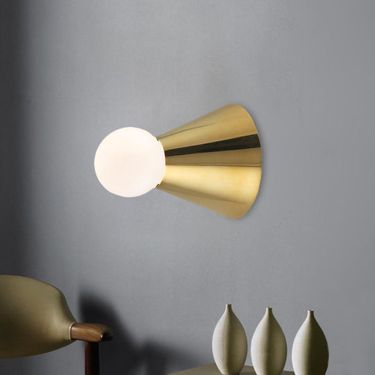 Mini Brass Coneball Wall Light With Single White Glass Sconce - Elegant Dining Room Fixture
