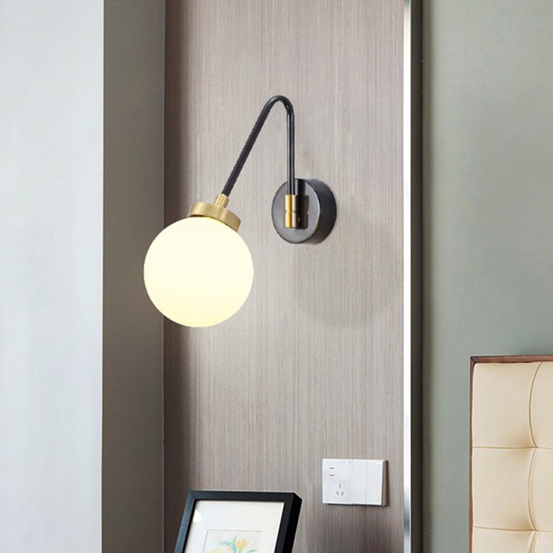 Minimalist White Glass Sconce Wall Light With Angled Black-Gold Arm