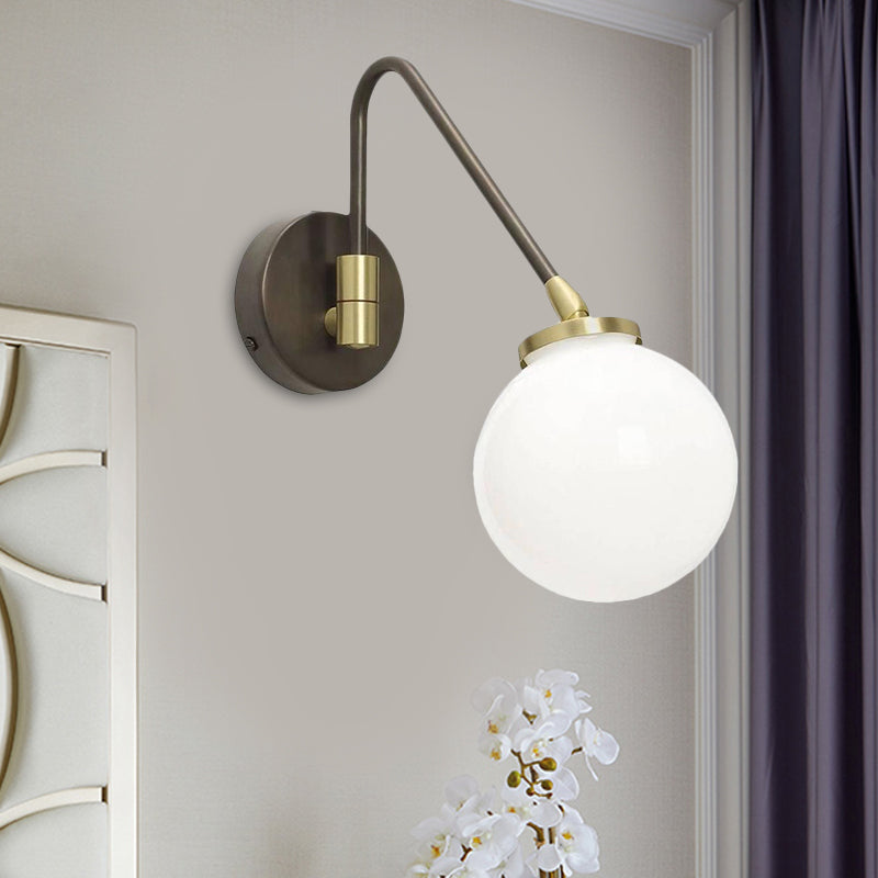 Minimalist White Glass Sconce Wall Light With Angled Black-Gold Arm