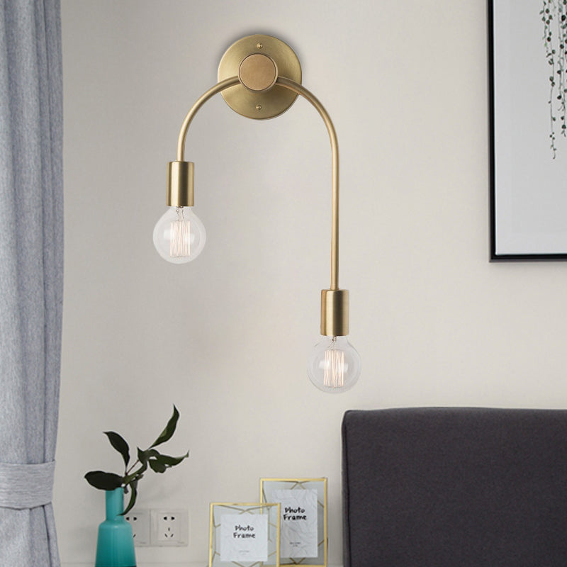 Sleek Iron Wall Mounted Lamp - Minimalist 2-Light Black/Gold Sconce With Bare Bulb Design Gold