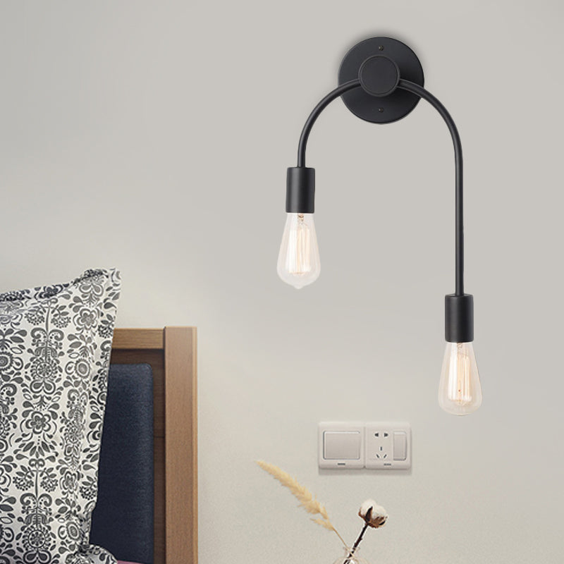 Sleek Iron Wall Mounted Lamp - Minimalist 2-Light Black/Gold Sconce With Bare Bulb Design Black