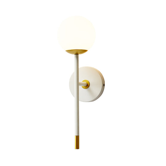 Modern Milk Frosted Glass Wall Sconce In White-Brass - Long Arm Bedside Lamp Kit