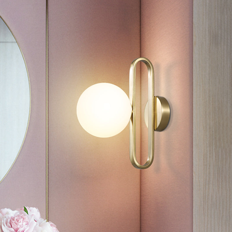 Minimalist Cream Matte Glass Wall Light With Gold Oval Arm And 1 Bulb Sconce