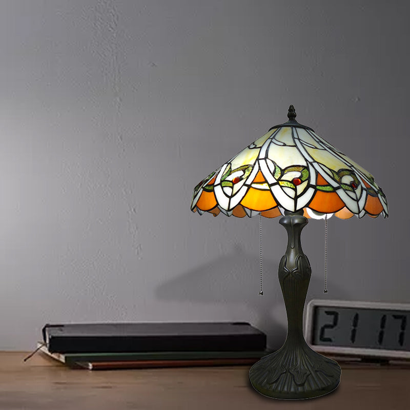 2-Light Tiffany Antique Stained Glass Desk Lamp In Beige Conical Reading Light For Living Room