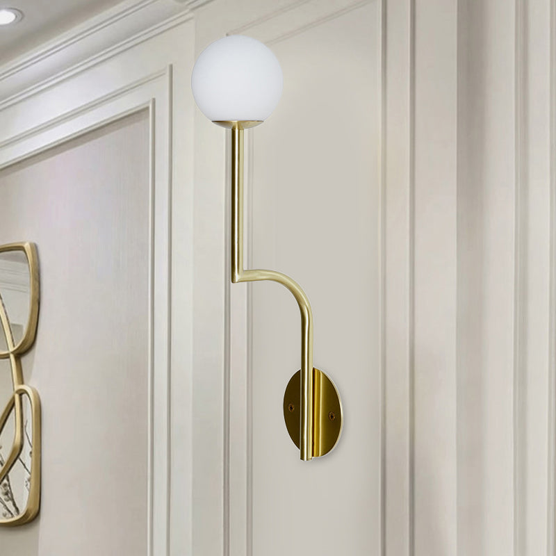 Minimalist Opal Glass Wall Sconce With Long Curved Arm - Single Bulb Lamp In Black/Gold Gold