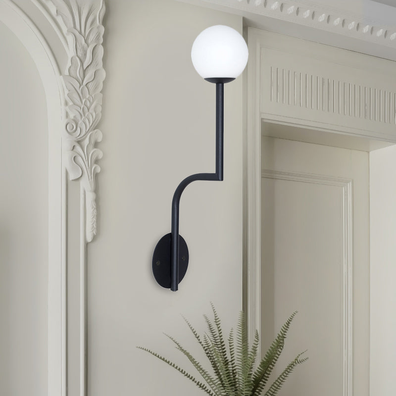 Minimalist Opal Glass Wall Sconce With Long Curved Arm - Single Bulb Lamp In Black/Gold Black