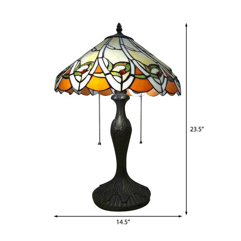 2-Light Tiffany Antique Stained Glass Desk Lamp In Beige Conical Reading Light For Living Room