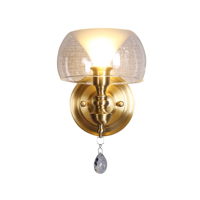 Mid Century Glass Wall Sconce With Brass Base And Crystal Droplet - Perfect For Small Spaces