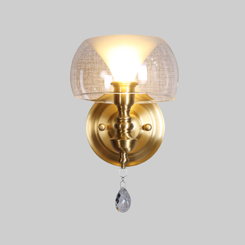 Mid Century Glass Wall Sconce With Brass Base And Crystal Droplet - Perfect For Small Spaces