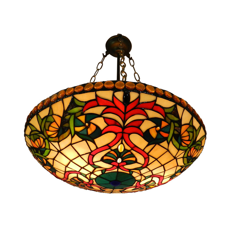 Antique Bronze Tiffany Style Chandelier: Stained Glass Shallow Bowl Hanging Light | Perfect for Cloth Shop