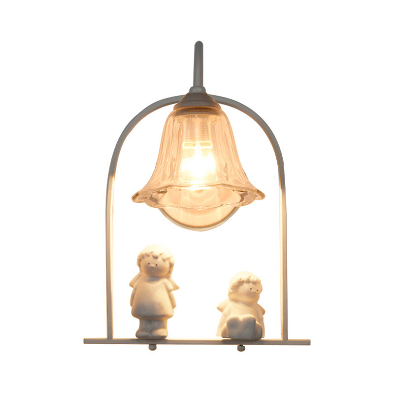Nordic Iron Pendant Light With Flower Glass Shade - White Arched Frame 1 Head And Resin Angel Deco