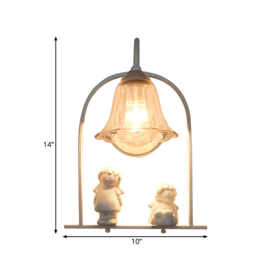Nordic Iron Pendant Light With Flower Glass Shade - White Arched Frame 1 Head And Resin Angel Deco