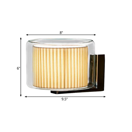 Modern Beige Drum Wall Lamp With Pleated Fabric Shade And Transparent Glass