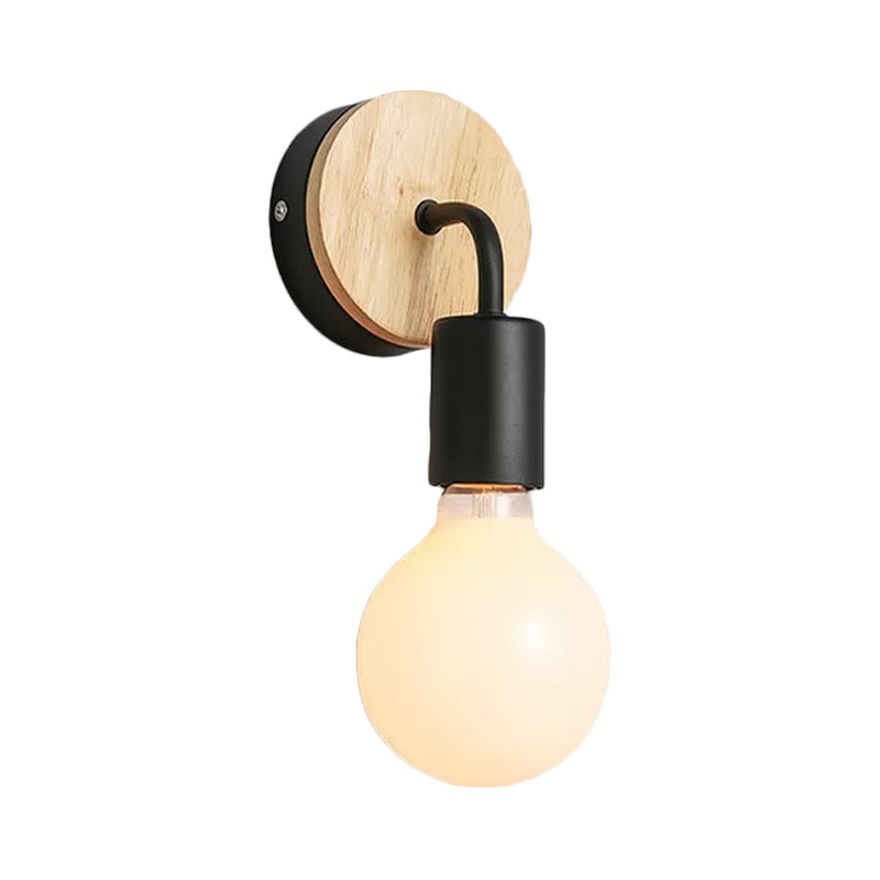 Iron Bend Rotatable Wall Lighting Minimalist Sconce - 1 Head Black/White-Wood With Exposed Bulb