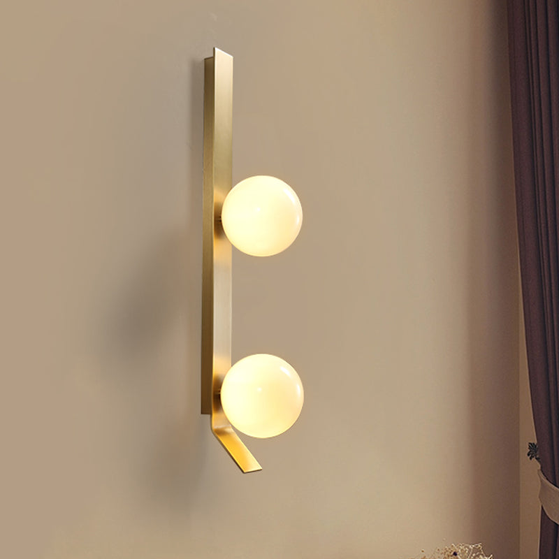 Vintage Brass Linear Wall Light With Orb Ivory Glass Shade - Metallic Sconce Lamp (2-Head Fixture)