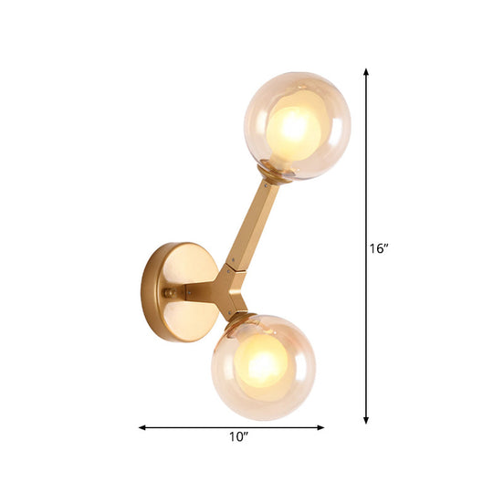 Novelty Amber Glass Wall Light Fixture With Rotatable Tree Crotch Accent - Modern 2-Bulb Gold Sconce