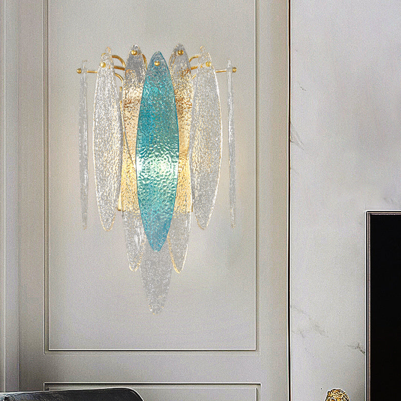 Stylish Blue/Clear Seedy Glass 2-Light Oval Flake Wall Sconce Lamp