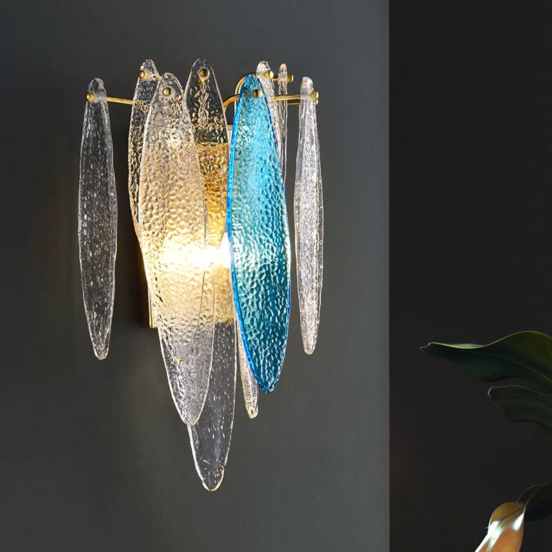 Stylish Blue/Clear Seedy Glass 2-Light Oval Flake Wall Sconce Lamp Blue
