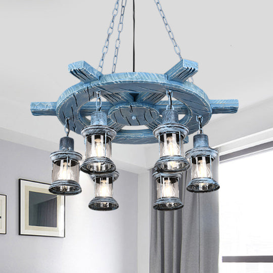 Clear Glass Drop Pendant Chandelier With 6 Lights: Factory Black/Gray Kerosene Design And Wood