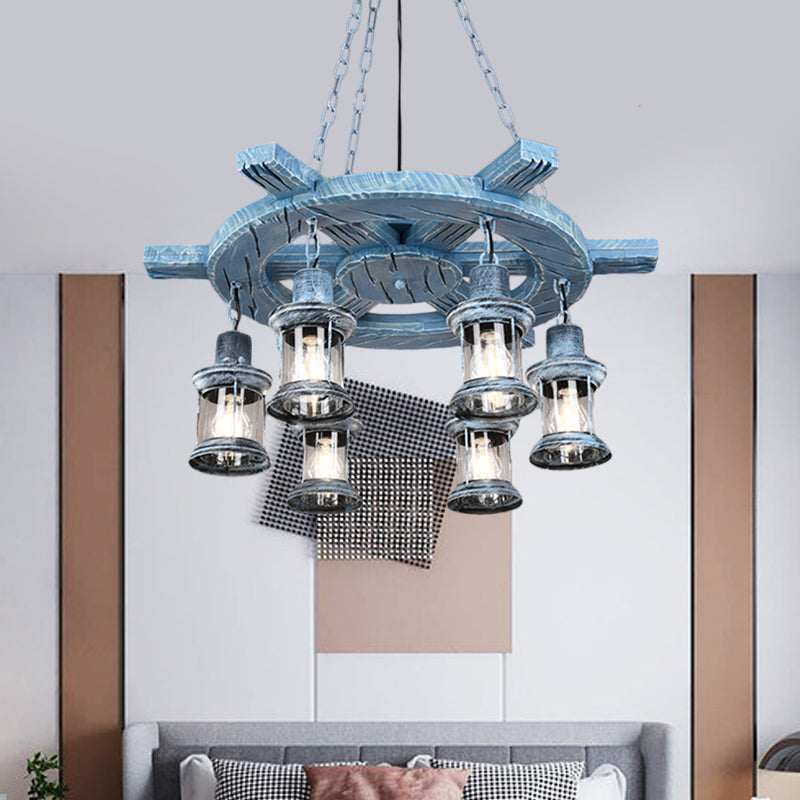 Clear Glass Drop Pendant Chandelier With 6 Lights: Factory Black/Gray Kerosene Design And Wood
