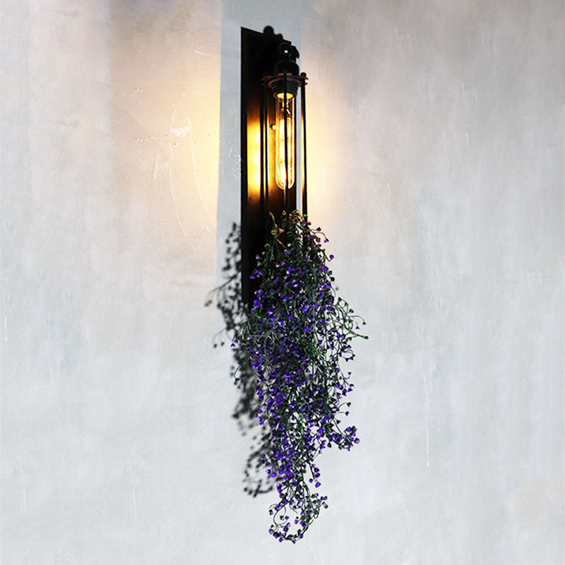 Farm Iron Tubular Cage Wall Light With 1-Head And Colorful Artificial Flower Accents Purple-White