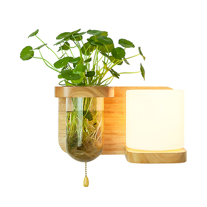 Nordic Cream Glass Wall Sconce With Wood Globe/Cylinder Design - Bedroom Light Plant Pot And Pull