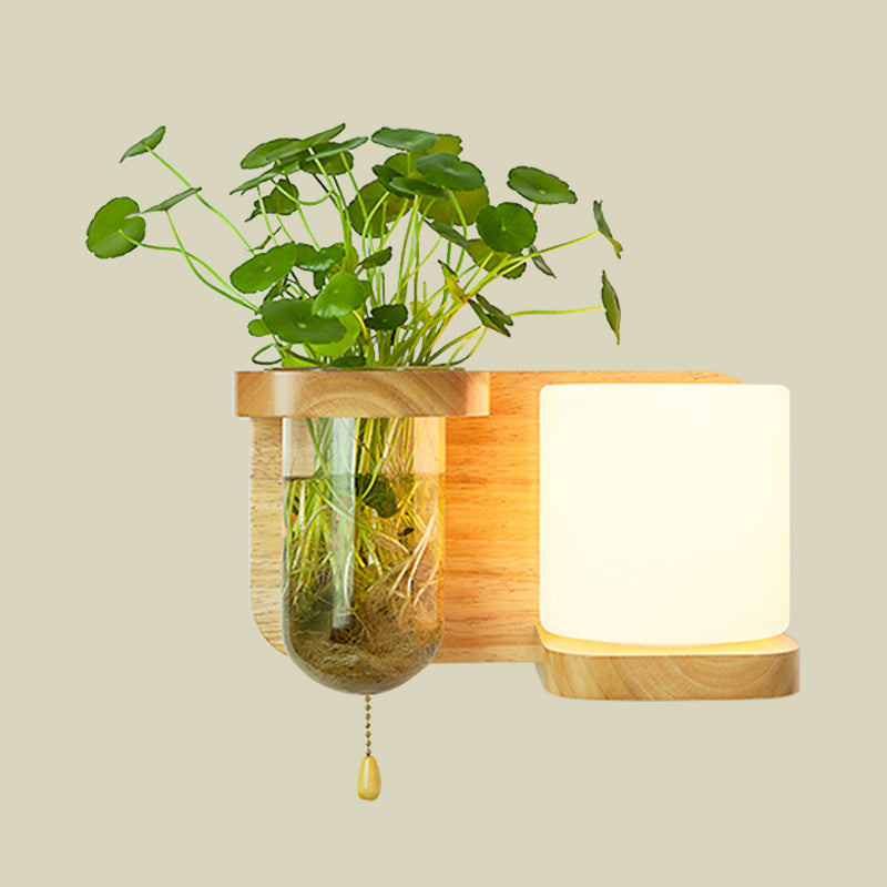 Nordic Cream Glass Wall Sconce With Wood Globe/Cylinder Design - Bedroom Light Plant Pot And Pull