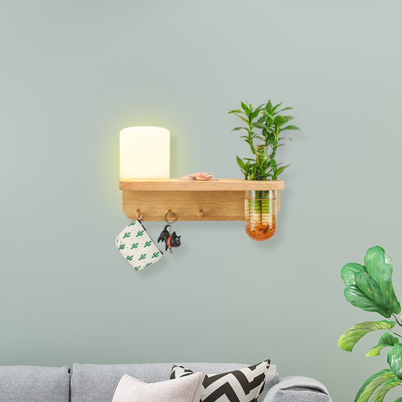 Frosted Glass Wood Wall Light With Plant Container: Industrial Sconce Lamp