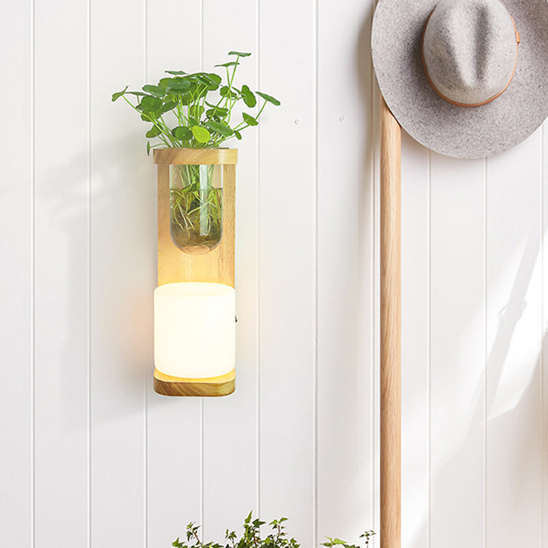 Nordic Wood Wall Sconce With Opal Glass Cylinder - 1-Head Light Fixture Featuring Clear Plant Cup