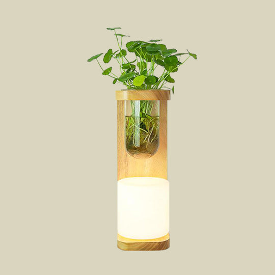 Nordic Wood Wall Sconce With Opal Glass Cylinder - 1-Head Light Fixture Featuring Clear Plant Cup