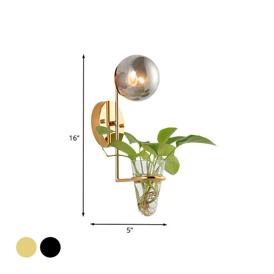 Industrial Global Cream/Smoke Gray Glass Wall Sconce Lamp With Clear Plant Cup - Black/Gold Finish