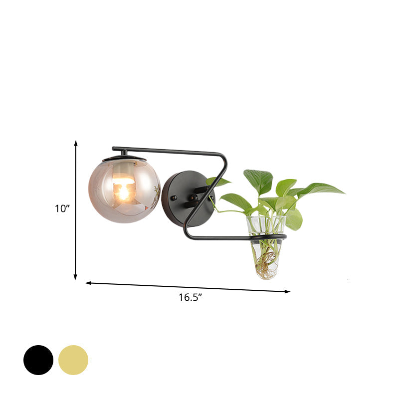 Industrial Cream/Smoke Gray Glass Bedroom Sconce Lighting: Global 1 Head Wall Light With Black/Gold