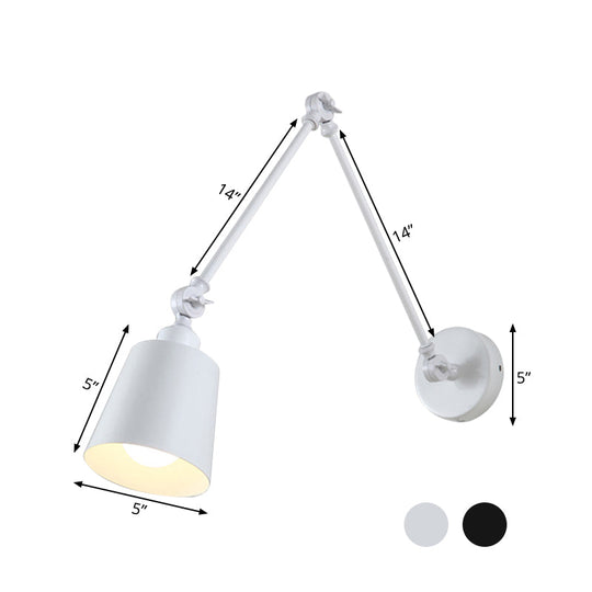 Nordic Iron Swing Arm Wall Reading Light: Single Black/White Sconce With Tapered Shade