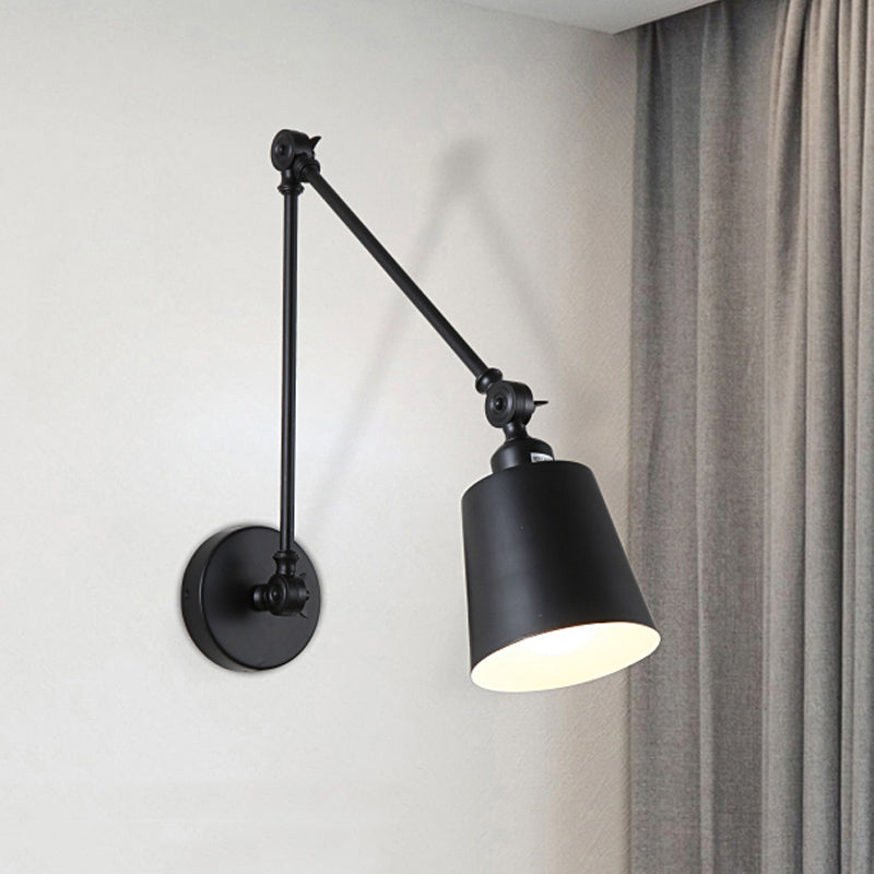 Nordic Iron Swing Arm Wall Reading Light: Single Black/White Sconce With Tapered Shade Black