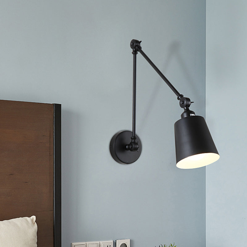 Nordic Iron Swing Arm Wall Reading Light: Single Black/White Sconce With Tapered Shade
