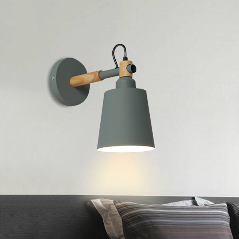 Nordic Style Metal Wall Sconce Lamp - Bucket Bedside Light With Wood Accents In Green
